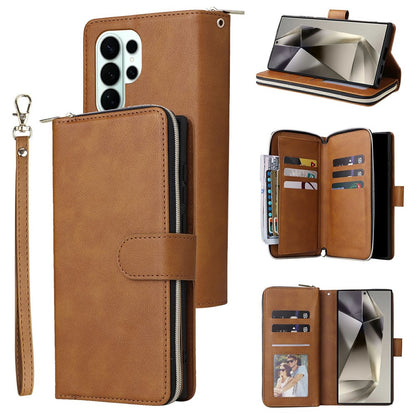 For Samsung Galaxy S26 Ultra Case Zipper Pocket 9 Card Slots PU Leather Phone Cover with Hand Strap