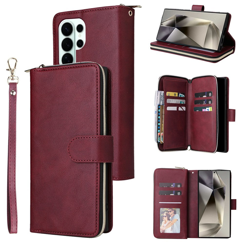 For Samsung Galaxy S26 Ultra Case Zipper Pocket 9 Card Slots PU Leather Phone Cover with Hand Strap