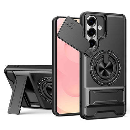 For Samsung Galaxy S26+ Magnetic Case Ring Holder Foldable Kickstand TPU PC Phone Cover with Camera Lens Slider