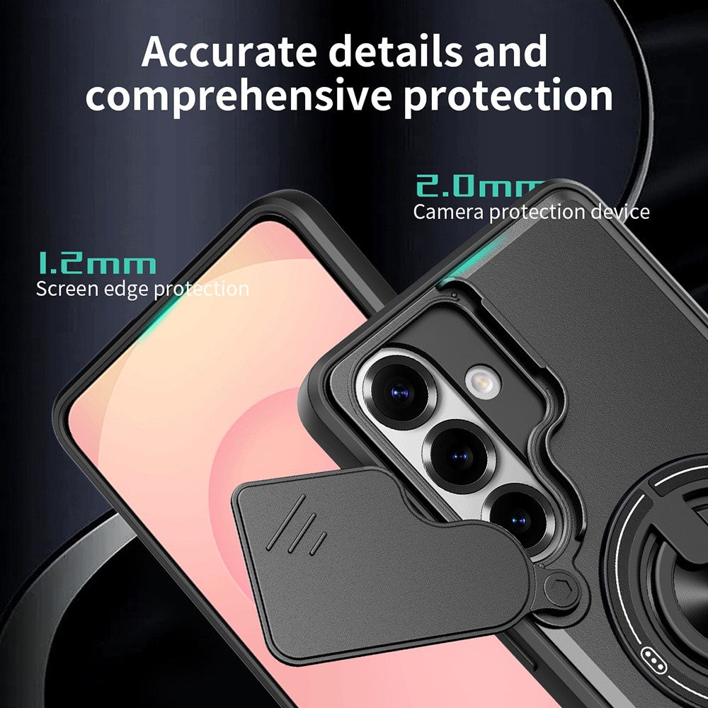For Samsung Galaxy S26+ Magnetic Case Ring Holder Foldable Kickstand TPU PC Phone Cover with Camera Lens Slider