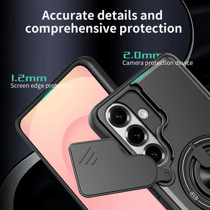 For Samsung Galaxy S26+ Magnetic Case Ring Holder Foldable Kickstand TPU PC Phone Cover with Camera Lens Slider