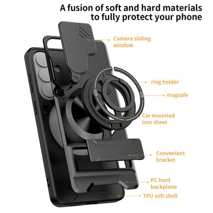 For Samsung Galaxy S26+ Magnetic Case Ring Holder Foldable Kickstand TPU PC Phone Cover with Camera Lens Slider