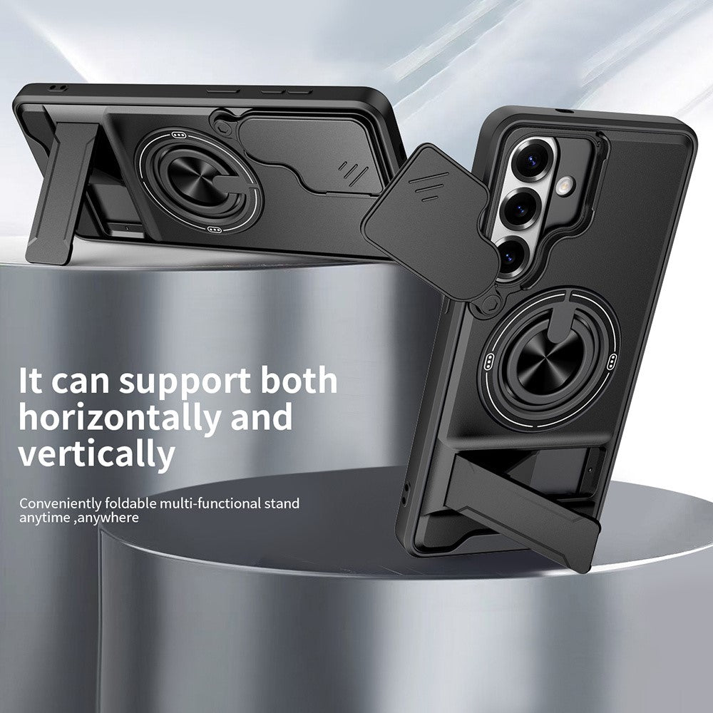 For Samsung Galaxy S26+ Magnetic Case Ring Holder Foldable Kickstand TPU PC Phone Cover with Camera Lens Slider