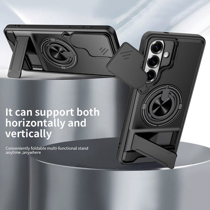 For Samsung Galaxy S26+ Magnetic Case Ring Holder Foldable Kickstand TPU PC Phone Cover with Camera Lens Slider