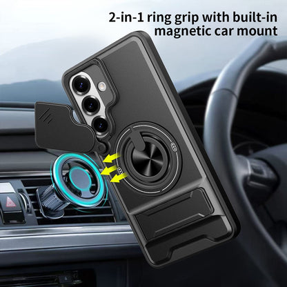 For Samsung Galaxy S26+ Magnetic Case Ring Holder Foldable Kickstand TPU PC Phone Cover with Camera Lens Slider