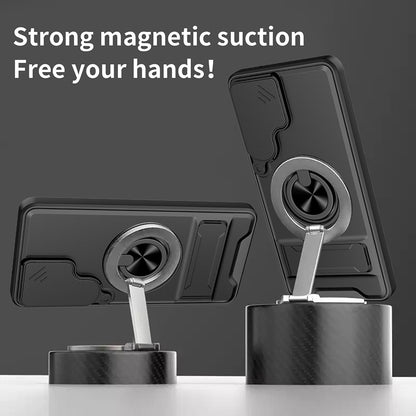 For Samsung Galaxy S26+ Magnetic Case Ring Holder Foldable Kickstand TPU PC Phone Cover with Camera Lens Slider