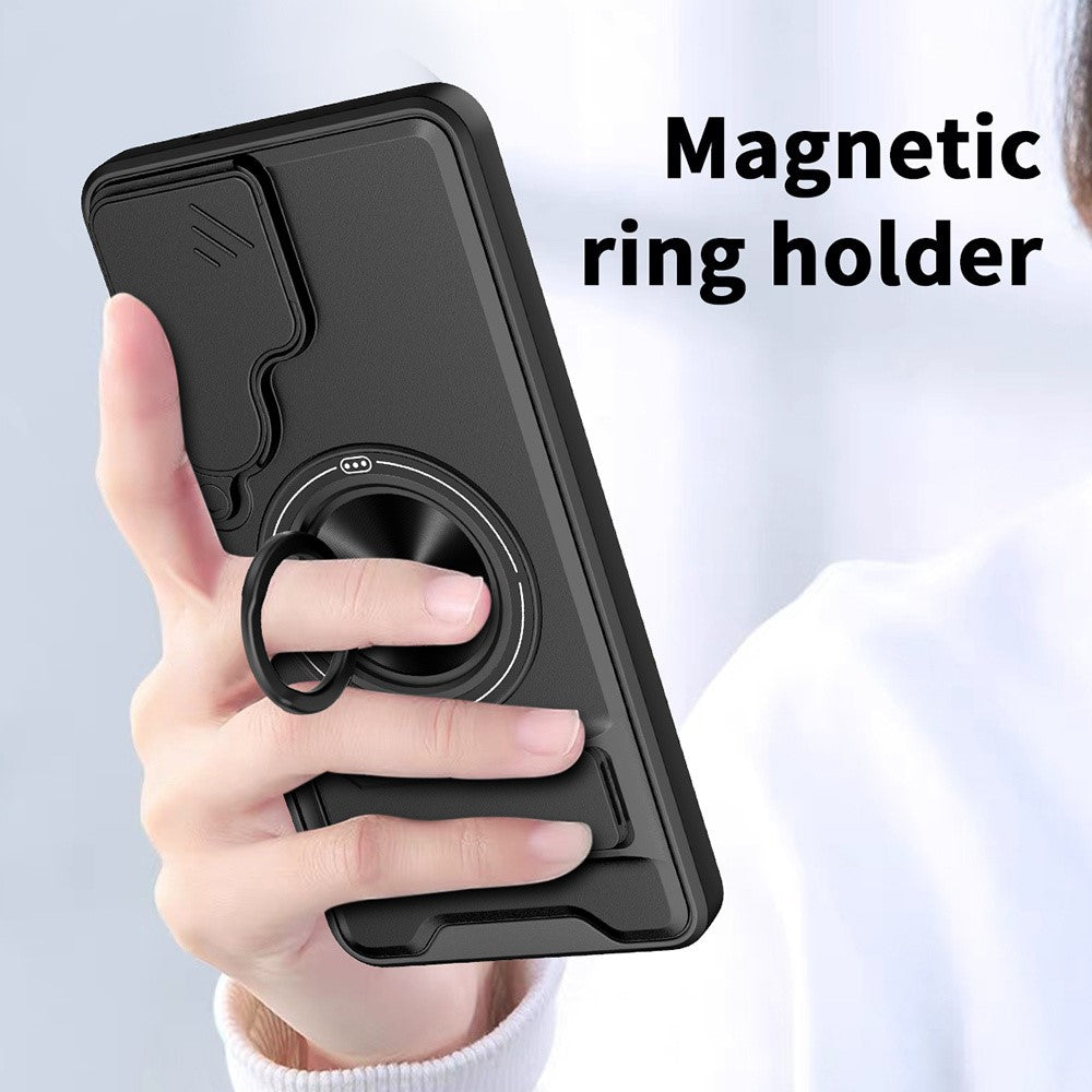 For Samsung Galaxy S26+ Magnetic Case Ring Holder Foldable Kickstand TPU PC Phone Cover with Camera Lens Slider