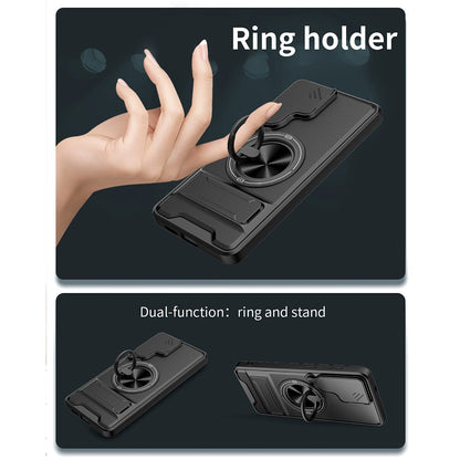 For Samsung Galaxy S26+ Magnetic Case Ring Holder Foldable Kickstand TPU PC Phone Cover with Camera Lens Slider