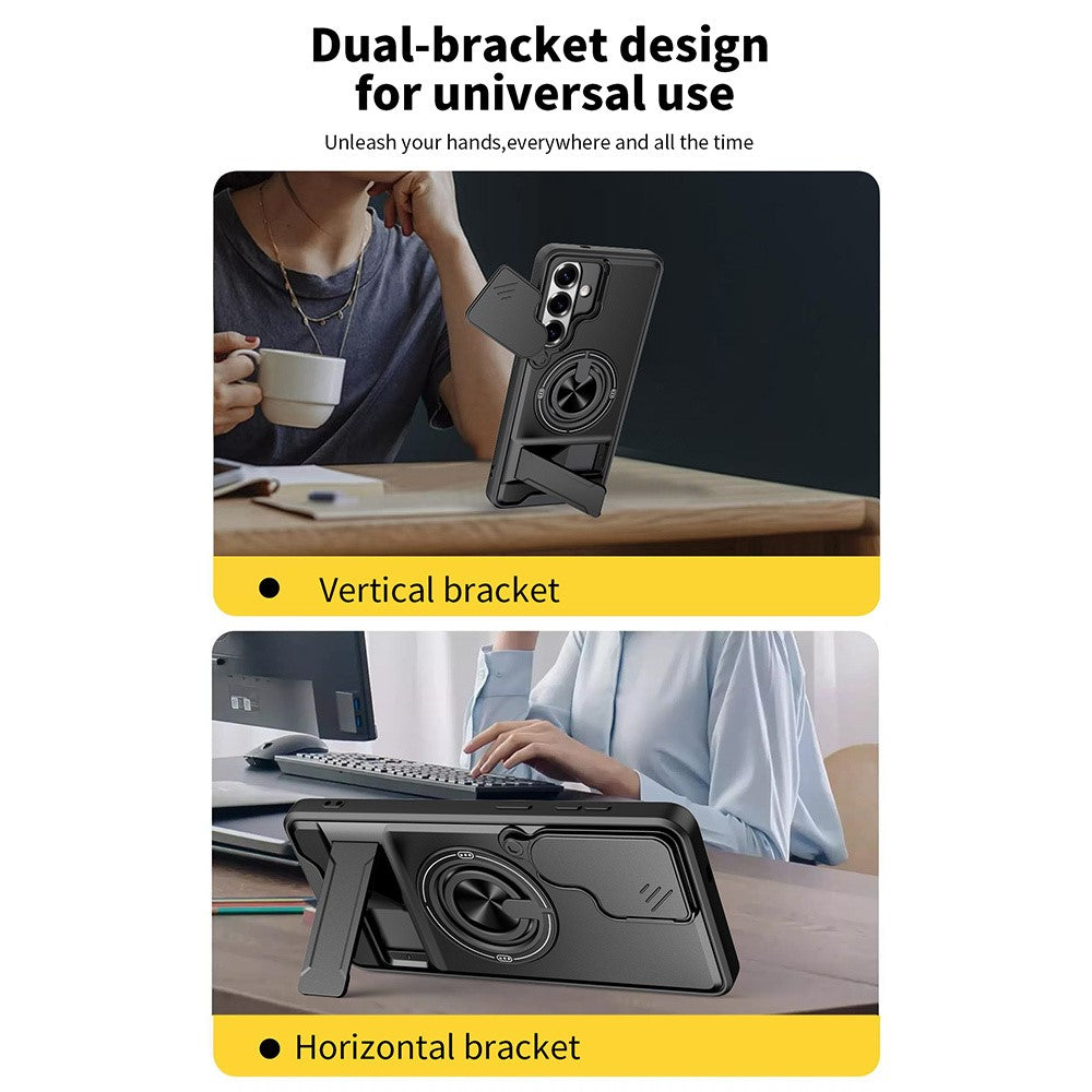 For Samsung Galaxy S26+ Magnetic Case Ring Holder Foldable Kickstand TPU PC Phone Cover with Camera Lens Slider