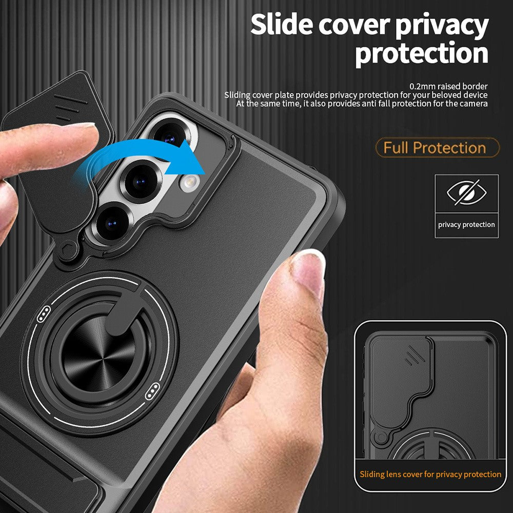 For Samsung Galaxy S26+ Magnetic Case Ring Holder Foldable Kickstand TPU PC Phone Cover with Camera Lens Slider