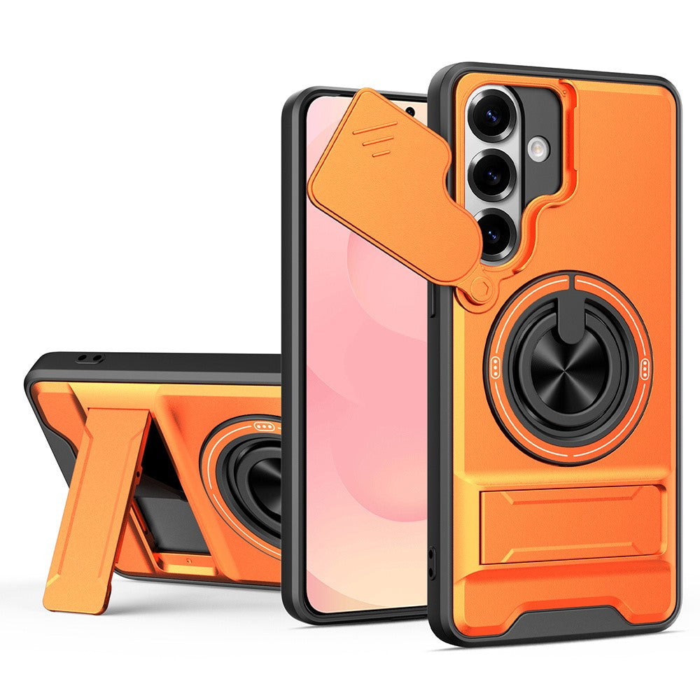 For Samsung Galaxy S26+ Magnetic Case Ring Holder Foldable Kickstand TPU PC Phone Cover with Camera Lens Slider