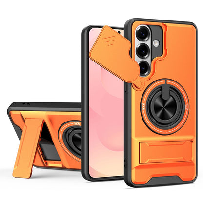 For Samsung Galaxy S26+ Magnetic Case Ring Holder Foldable Kickstand TPU PC Phone Cover with Camera Lens Slider