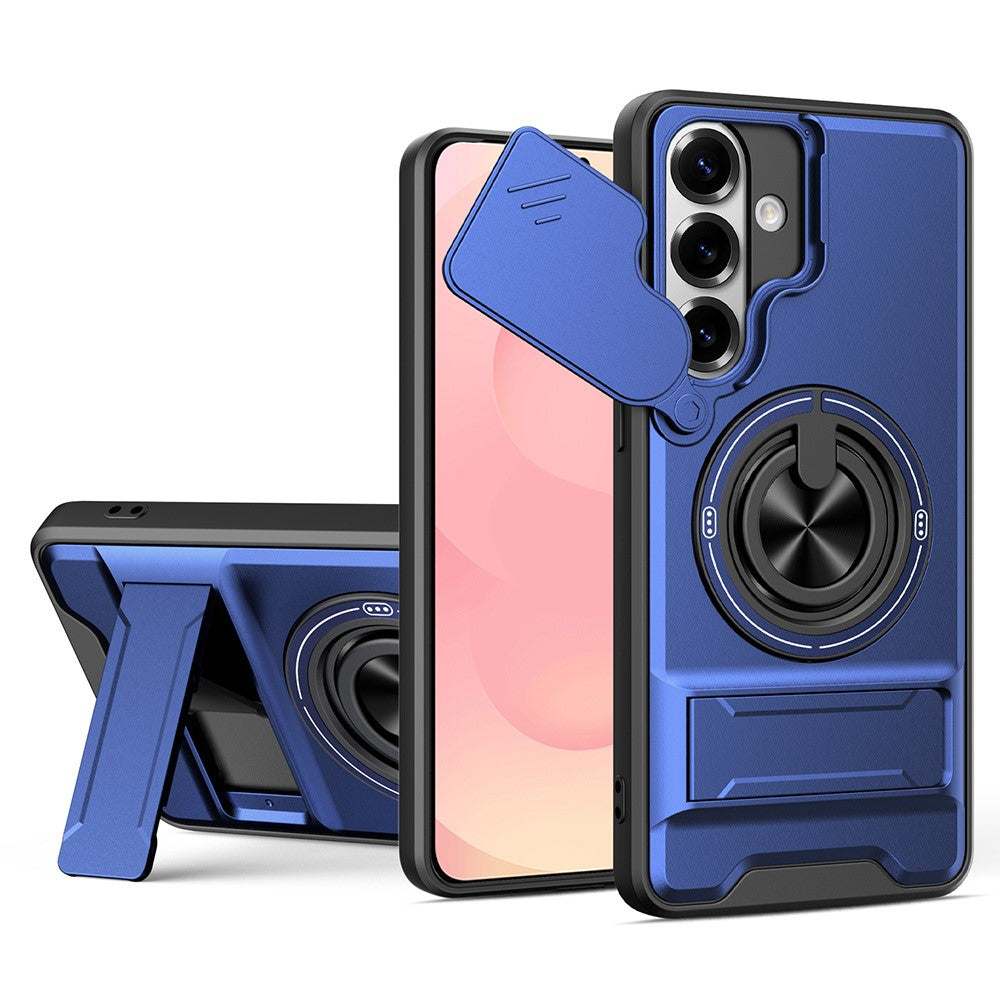 For Samsung Galaxy S26+ Magnetic Case Ring Holder Foldable Kickstand TPU PC Phone Cover with Camera Lens Slider
