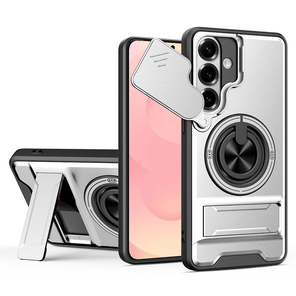 For Samsung Galaxy S26+ Magnetic Case Ring Holder Foldable Kickstand TPU PC Phone Cover with Camera Lens Slider