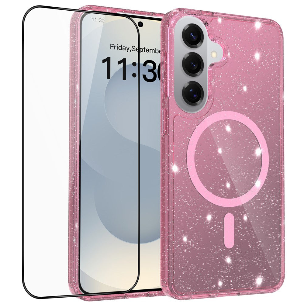 For Samsung Galaxy S26+ Magnetic Case Glitter Powder TPU Scratch-proof Phone Cover with Tempered Glass