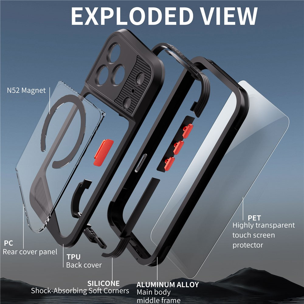SHELLBOX GTM Series For iPhone 17 Pro Magnetic Case IP68 Waterproof TPU PC Metal Frame Diving Phone Cover