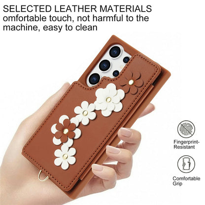 For Samsung Galaxy S26 Ultra Case Card Slots Leather Coated TPU Flower Phone Cover with 2 Straps