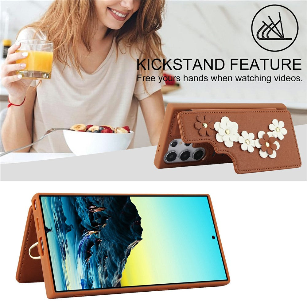 For Samsung Galaxy S26 Ultra Case Card Slots Leather Coated TPU Flower Phone Cover with 2 Straps