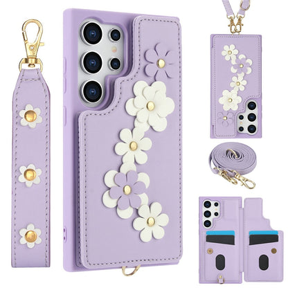 For Samsung Galaxy S26 Ultra Case Card Slots Leather Coated TPU Flower Phone Cover with 2 Straps