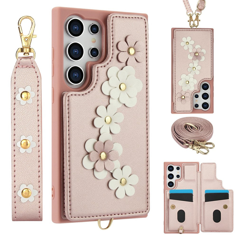 For Samsung Galaxy S26 Ultra Case Card Slots Leather Coated TPU Flower Phone Cover with 2 Straps