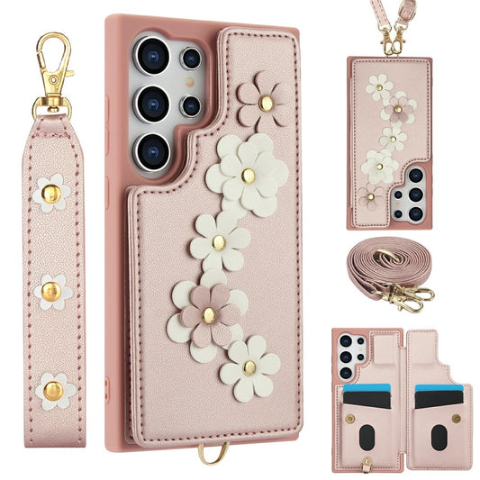 For Samsung Galaxy S26 Ultra Case Card Slots Leather Coated TPU Flower Phone Cover with 2 Straps