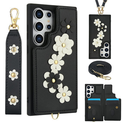 For Samsung Galaxy S26 Ultra Case Card Slots Leather Coated TPU Flower Phone Cover with 2 Straps