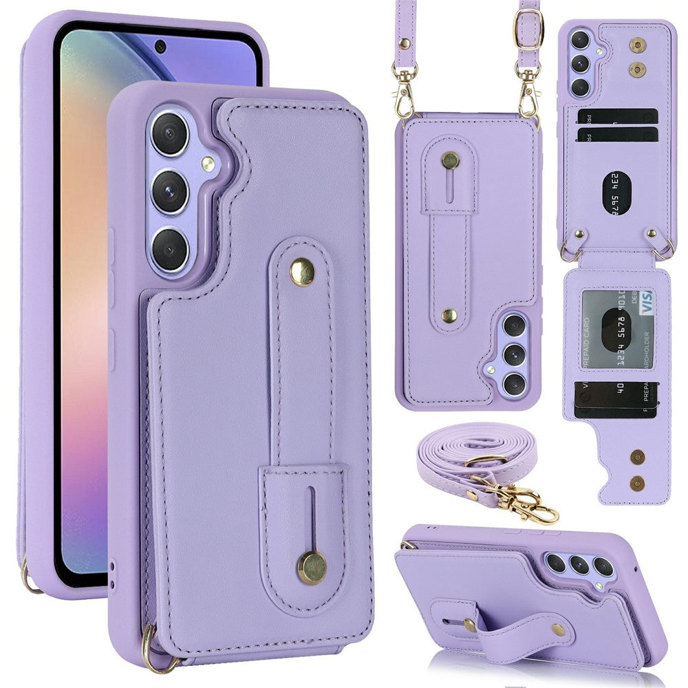 For Samsung Galaxy S26+ Case Kickstand Card Slots Leather Coated TPU Cover with Shoulder Strap