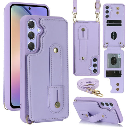 For Samsung Galaxy S26+ Case Kickstand Card Slots Leather Coated TPU Cover with Shoulder Strap