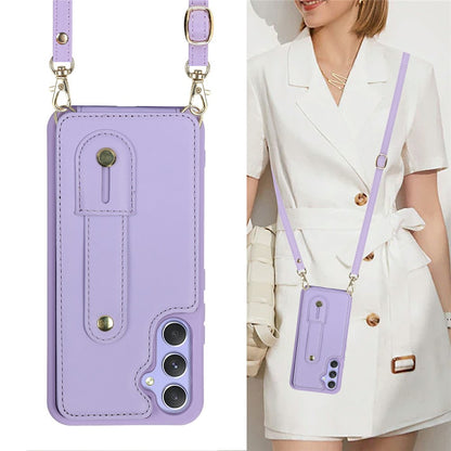 For Samsung Galaxy S26+ Case Kickstand Card Slots Leather Coated TPU Cover with Shoulder Strap