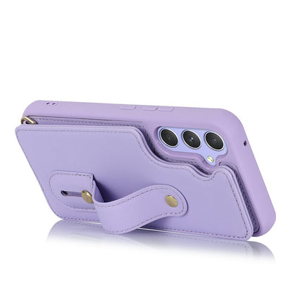 For Samsung Galaxy S26+ Case Kickstand Card Slots Leather Coated TPU Cover with Shoulder Strap