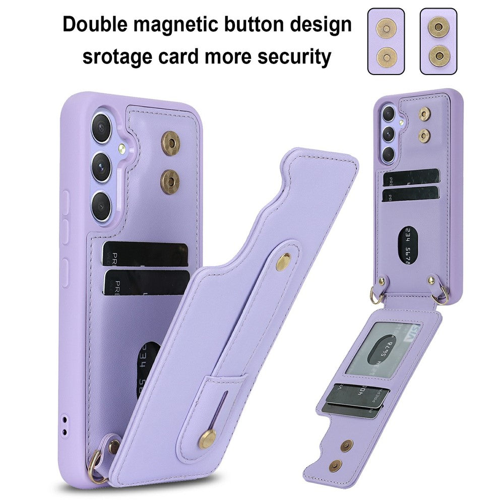 For Samsung Galaxy S26+ Case Kickstand Card Slots Leather Coated TPU Cover with Shoulder Strap