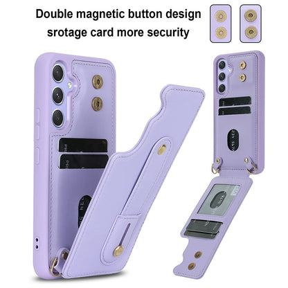For Samsung Galaxy S26+ Case Kickstand Card Slots Leather Coated TPU Cover with Shoulder Strap
