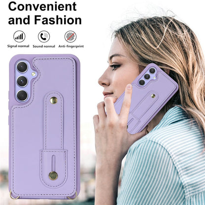 For Samsung Galaxy S26+ Case Kickstand Card Slots Leather Coated TPU Cover with Shoulder Strap