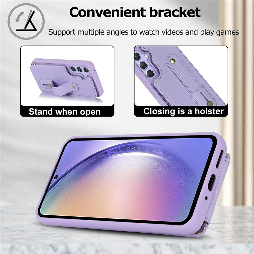 For Samsung Galaxy S26+ Case Kickstand Card Slots Leather Coated TPU Cover with Shoulder Strap
