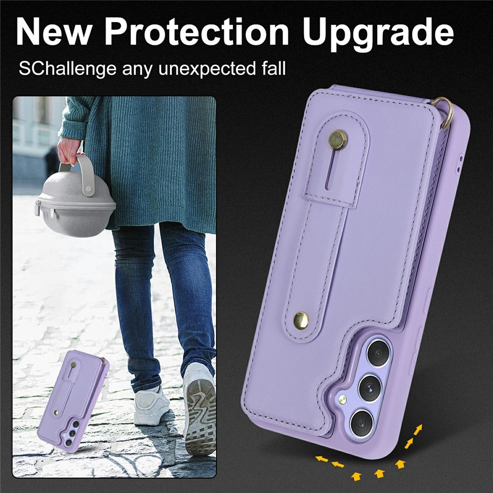 For Samsung Galaxy S26+ Case Kickstand Card Slots Leather Coated TPU Cover with Shoulder Strap