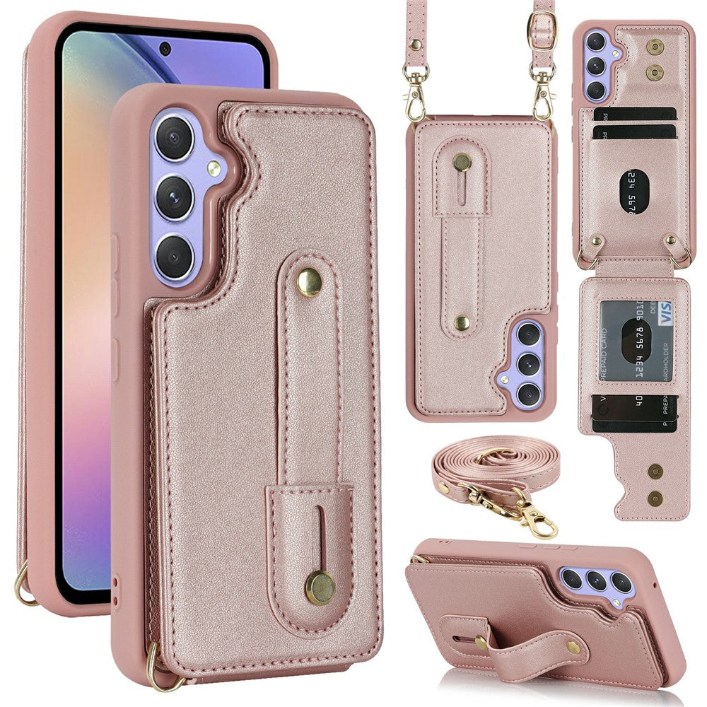 For Samsung Galaxy S26+ Case Kickstand Card Slots Leather Coated TPU Cover with Shoulder Strap
