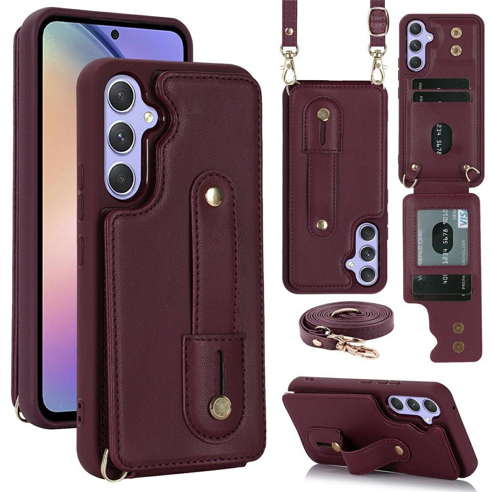 For Samsung Galaxy S26+ Case Kickstand Card Slots Leather Coated TPU Cover with Shoulder Strap