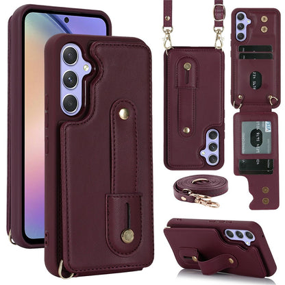 For Samsung Galaxy S26+ Case Kickstand Card Slots Leather Coated TPU Cover with Shoulder Strap