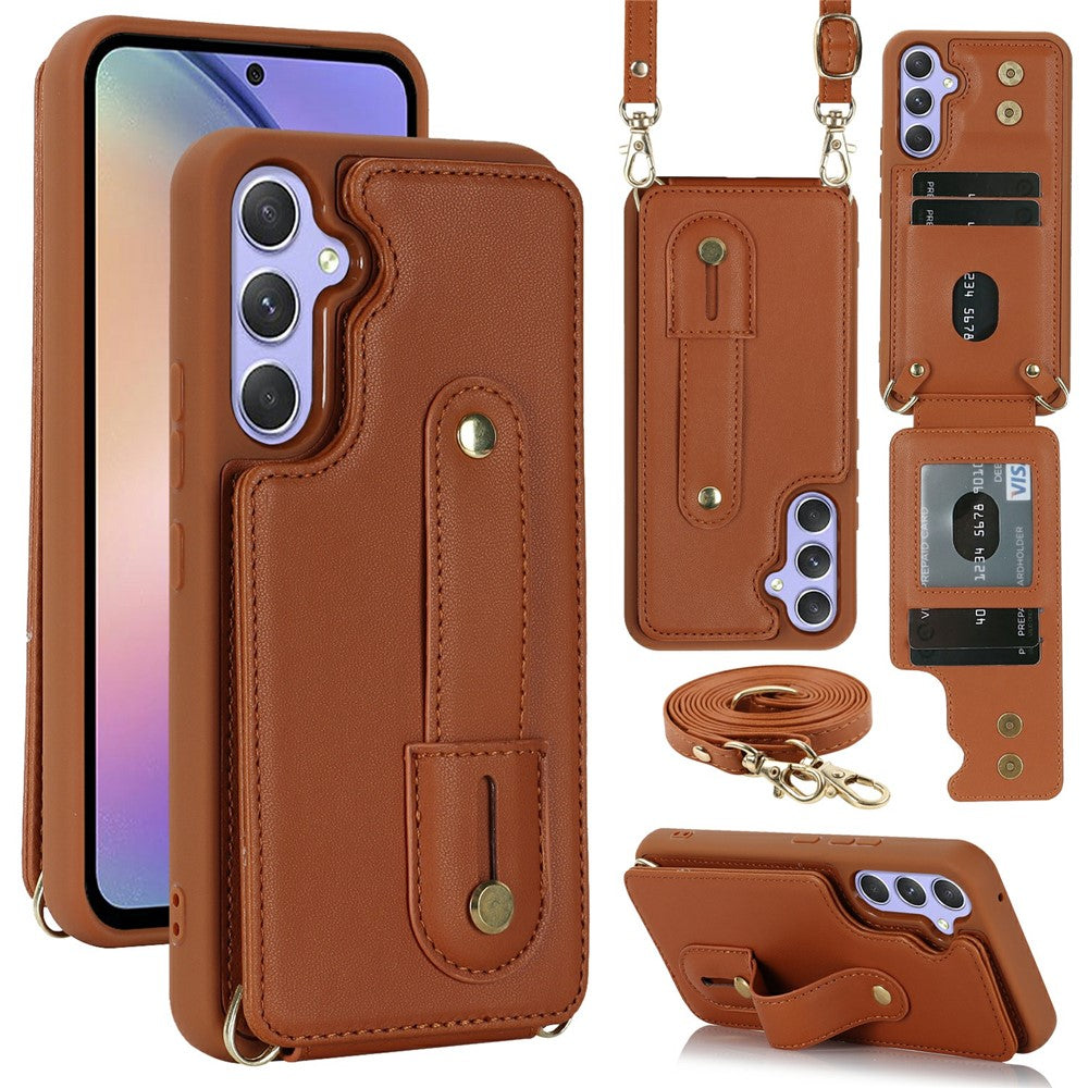 For Samsung Galaxy S26+ Case Kickstand Card Slots Leather Coated TPU Cover with Shoulder Strap