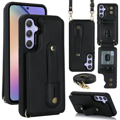 For Samsung Galaxy S26+ Case Kickstand Card Slots Leather Coated TPU Cover with Shoulder Strap