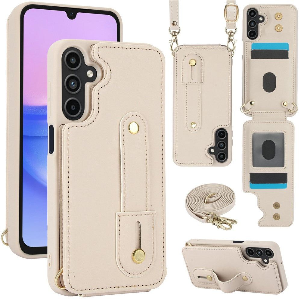 For Samsung Galaxy S26+ Case Kickstand Card Slots Leather Coated TPU Cover with Shoulder Strap
