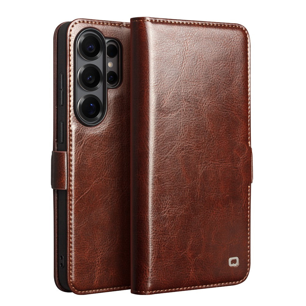 QIALINO For Samsung Galaxy S26 Ultra Case with Card Holder Genuine Cow Leather Stand Phone Cover