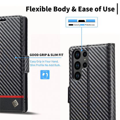 LC.IMEEKE For Samsung Galaxy S26 Ultra Wallet Case Carbon Fiber Texture Leather Phone Cover
