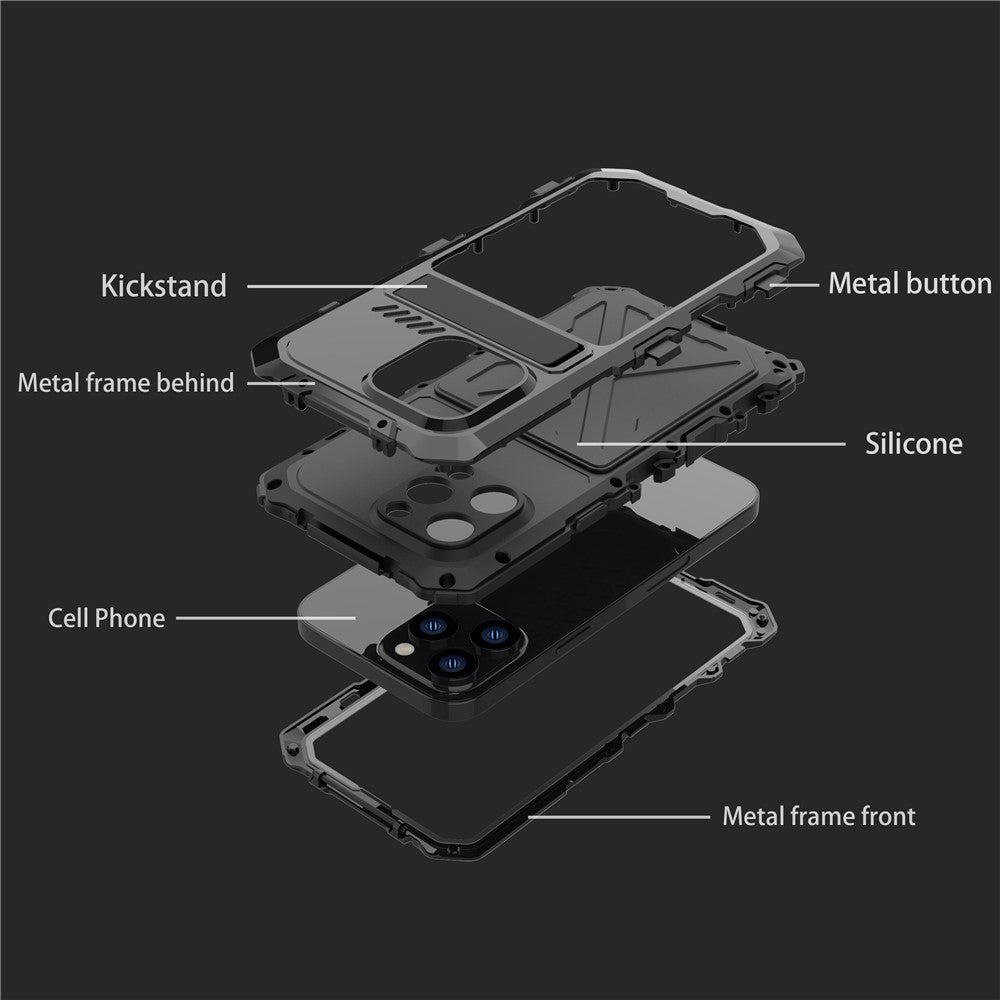R-JUST Anti-drop Phone Case For iPhone 14 Pro Max, Silicone + Metal Scratch-resistant Cell Phone Cover Kickstand