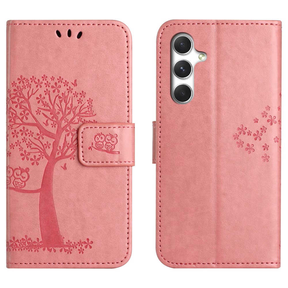 For Samsung Galaxy S26+ Case PU Leather Owl Tree Imprinted Wallet Phone Cover with Strap