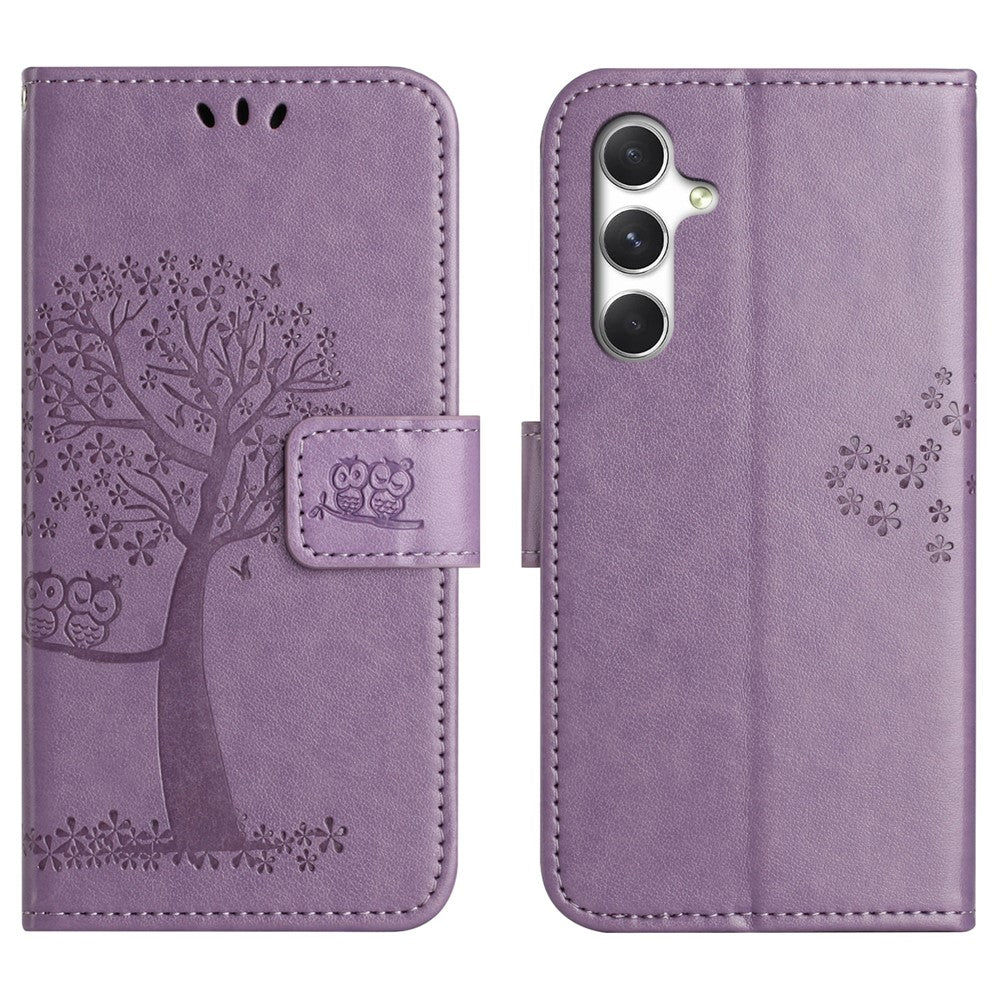 For Samsung Galaxy S26+ Case PU Leather Owl Tree Imprinted Wallet Phone Cover with Strap