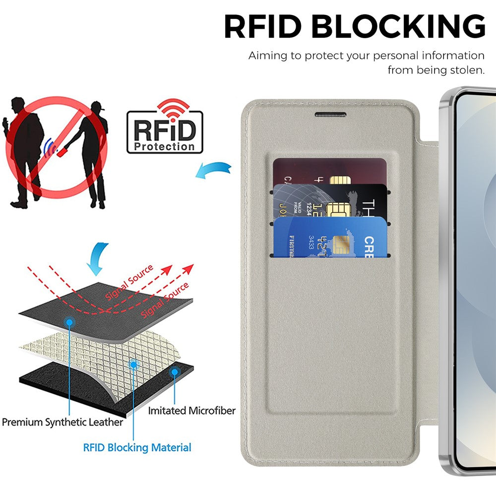 For Samsung Galaxy S26+ Magnetic Case RFID Blocking Card Holder Leather Phone Cover with Lens Film