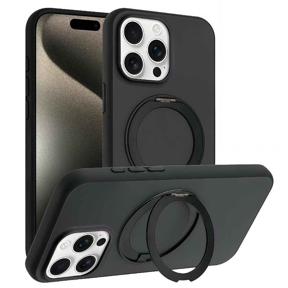 For iPhone 15 Pro Magnetic Case Rotary Kickstand Skin Touch PC + TPU Phone Cover Support Wireless Charging