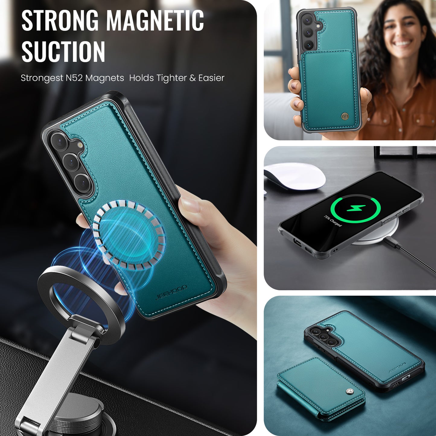 JEEHOOD For Samsung Galaxy S26+ Case  J05 Leather Mobile Cover with Detachable Magnetic Card Bag
