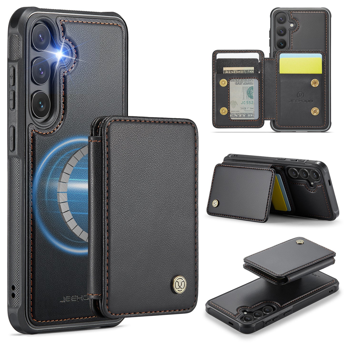 JEEHOOD For Samsung Galaxy S26+ Case  J05 Leather Mobile Cover with Detachable Magnetic Card Bag